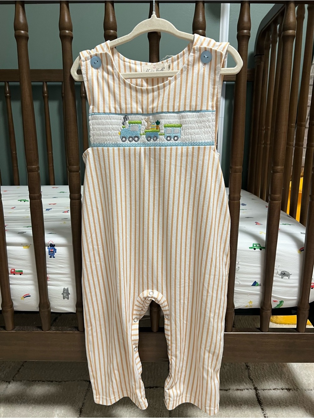 Smocked Truck Stripe One-Piece Romper in Orange and White